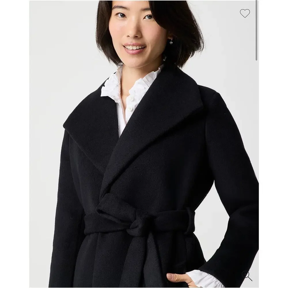 J. Crew Women's Long Sleeve Belted Wrap Coat Point Collar Black Size 6P NWT